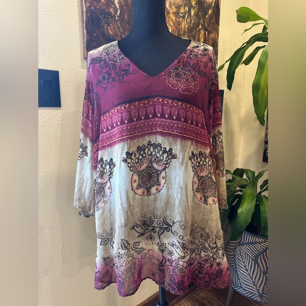 EUC DRESSBARN LONG SLEEVE  bohemian SHIRT VNECK tunic style Sz XL